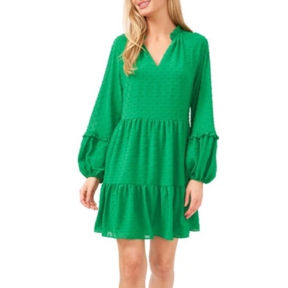 CeCe Above the Knee Green Swiss Dot Long Sleeve Summer Dress - Picture 1 of 6